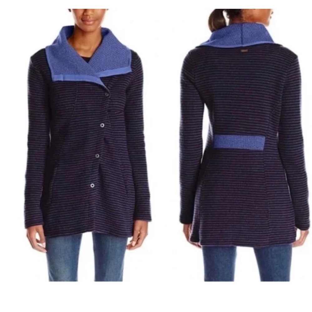 Prana Milana Jacket Sweater Cardigan Medium Wool Blend Purple Stripe Snap Close